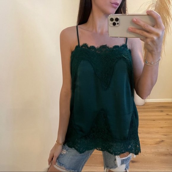 Sincerely Yours Satin Lace Tank | Green - Picture 1 of 7